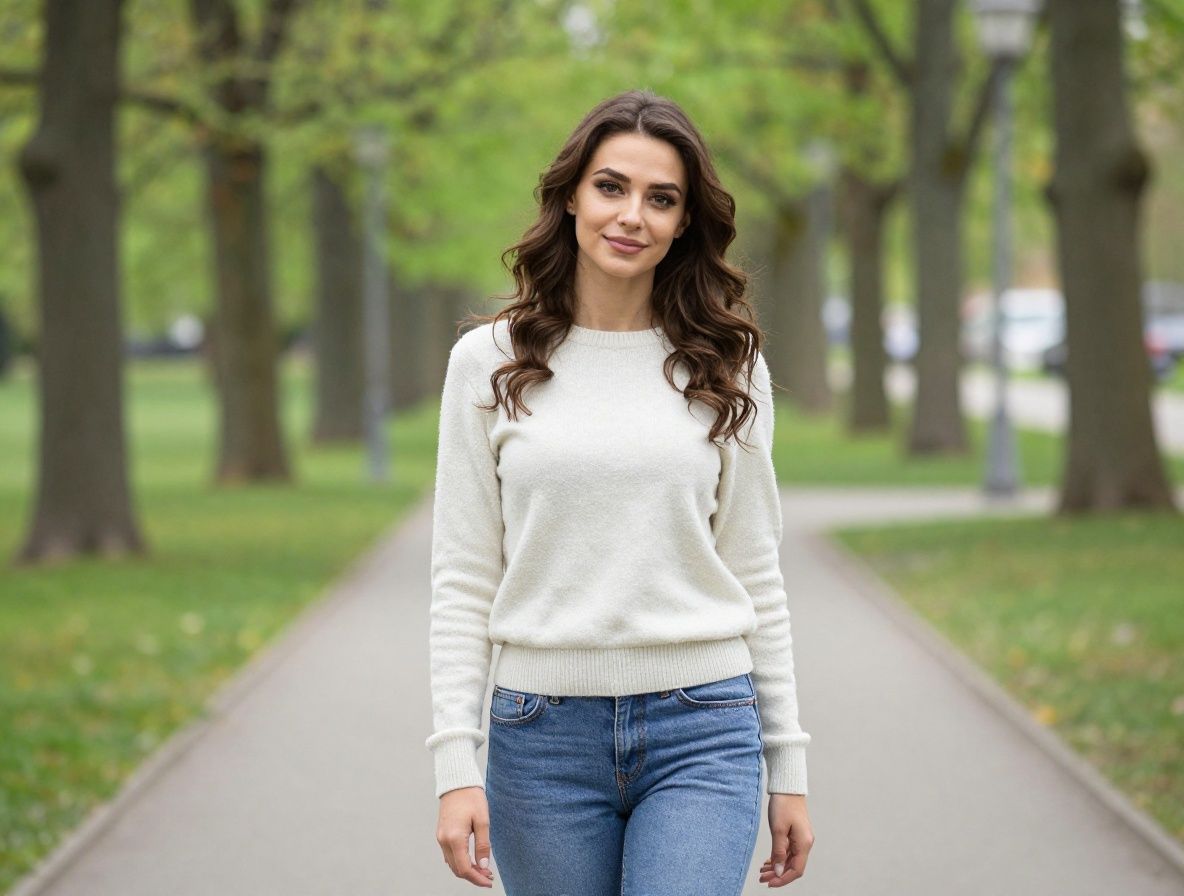 Osoba w neutralnym ubraniu spacerująca w parku otoczona zielenią w pogodny dzień, symbolizująca zdrowy aktywny styl życia i dbałość o samopoczucie