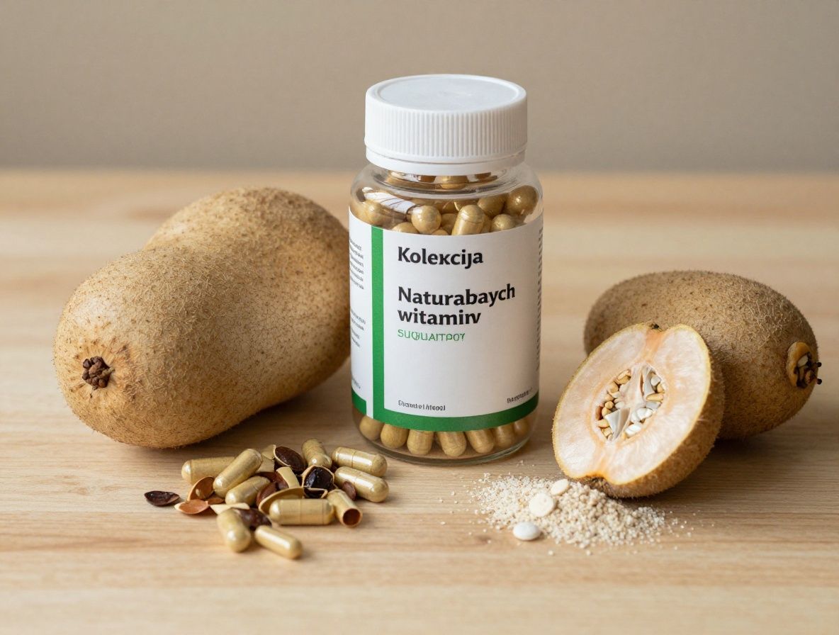 Kolekcja naturalnych suplementów i witaminowych kapsułek rozłożonych na drewnianej powierzchni obok świeżych owoców cytrusowych i zielonych liści, symbolizująca naturalne podejście do zdrowia